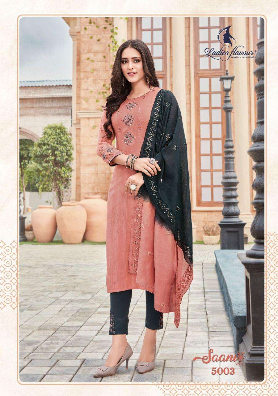 Ladies Flavour-Saanvi Vol 5-Rayon-Weaving-Embroidery-Sequence-Work-Kurti-Cotton-Slub-Lycra-Pant-Chanderi-Viscose-Mirror-Work-Dupatta-5003
